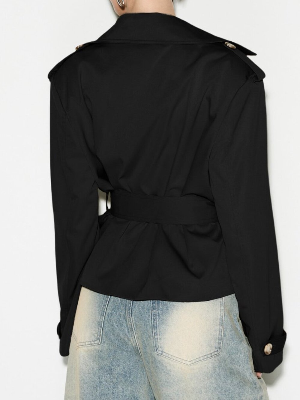 Black Sleek Women's Cropped Shoulder Pad Double-Breasted Trench Coat - Picture 2 of 5
